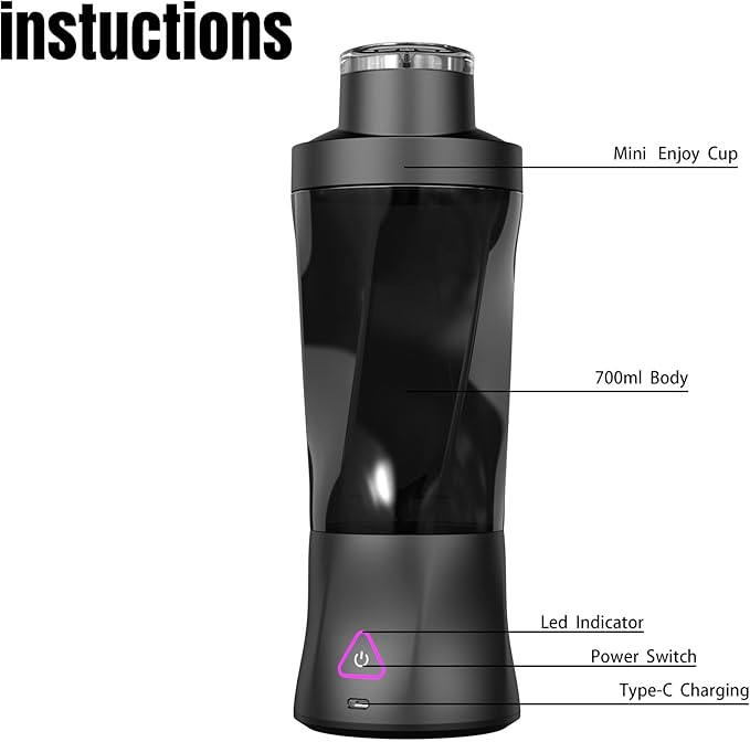 Portable Juicer Blender, USB Rechargeable Smoothie Maker With 5 Upgraded Blades And 6000mAh Battery, Rechargeable Shaker Bottle, Mini Travel Blender For Shakes & Smoothies (Black)