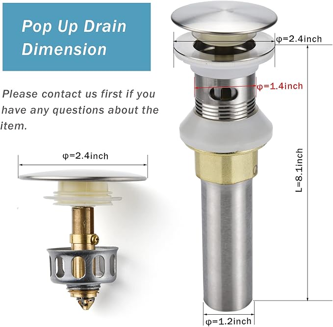 Rockgoya Bathroom Sink Drain,Drain Stopper Bathroom Sink with Overflow,Pop Up Drain Assembly with Detachable Strainer Basket,Built-in Anti-Clogging Strainer,Stainless Steel Brushed Nickel