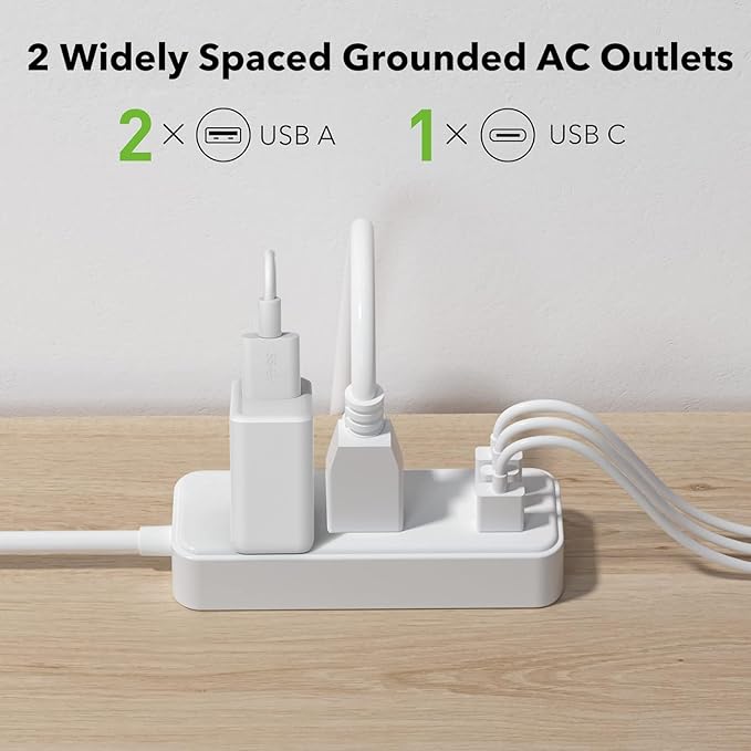 Clear Power 2-Outlet Power Strip with 3 USB Ports(1 USB-C), Flat Plug, 6 ft Power Cord, Desktop Charging Station with USB C, White, DC3S-1102-DC