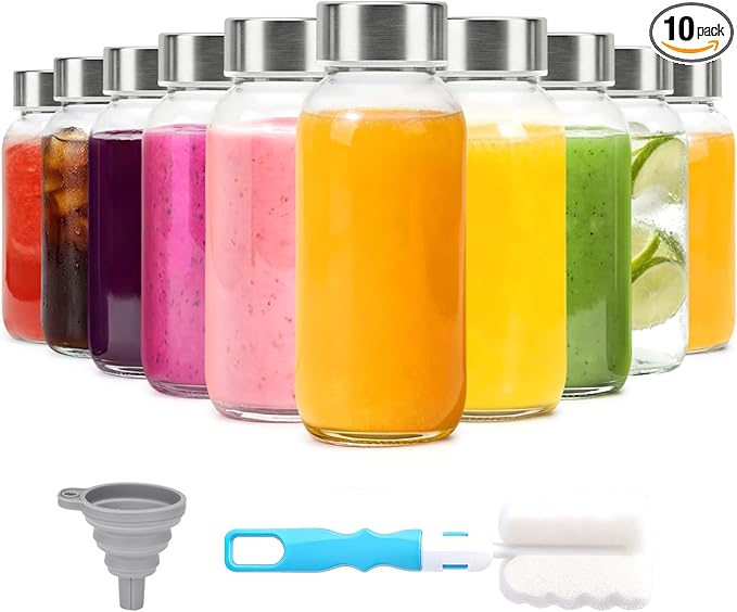Luxfuel 8 oz Glass Water Bottles with Lids, 10 Pack Small Glass Juice Bottles with Stainless Steel Caps & Funnel, Leak-Proof Containers for Juicing, Milk, Ginger Shots, Smoothies, Wellness Drinks