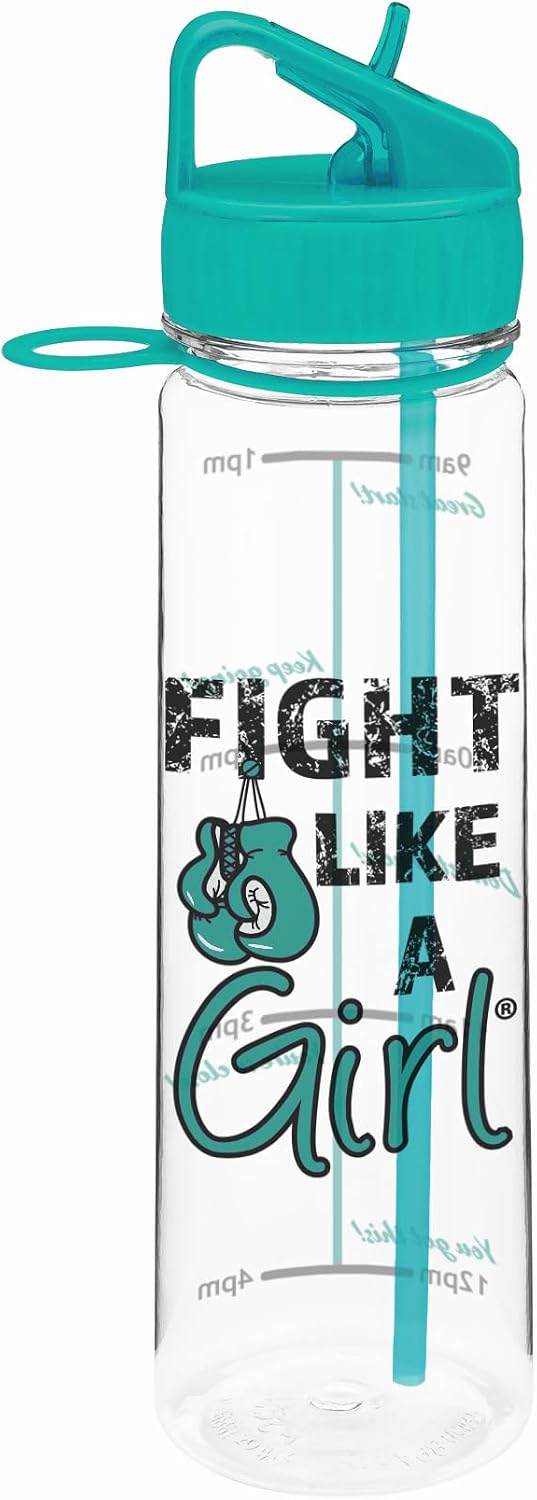 Knockout SlimKim Water Sports Bottle 30 oz for Ovarian Cancer, PCOS, PKD Awareness with Motivational Time Marker - Teal