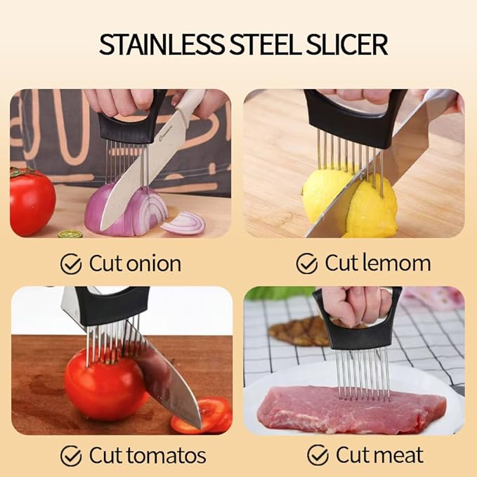 Onion Holder for Slicing, Stainless Steel Onion Slicer and Chopper, Lemon Slicer Vegetable Cutter Kitchen Tool, Food Slicing Assistant for Meat, Tomato, Potato, Lemon (1 Pack)