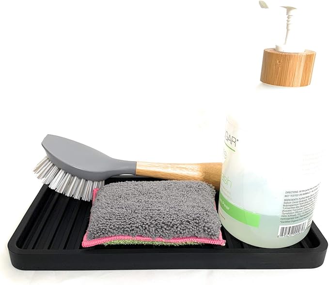 Silicone Kitchen Sink Organizer Tray, Sponge Holder and Countertop Protector | Bathroom and Kitchen Soap Dish and Dispenser Tray (Black, 10"x5.25")