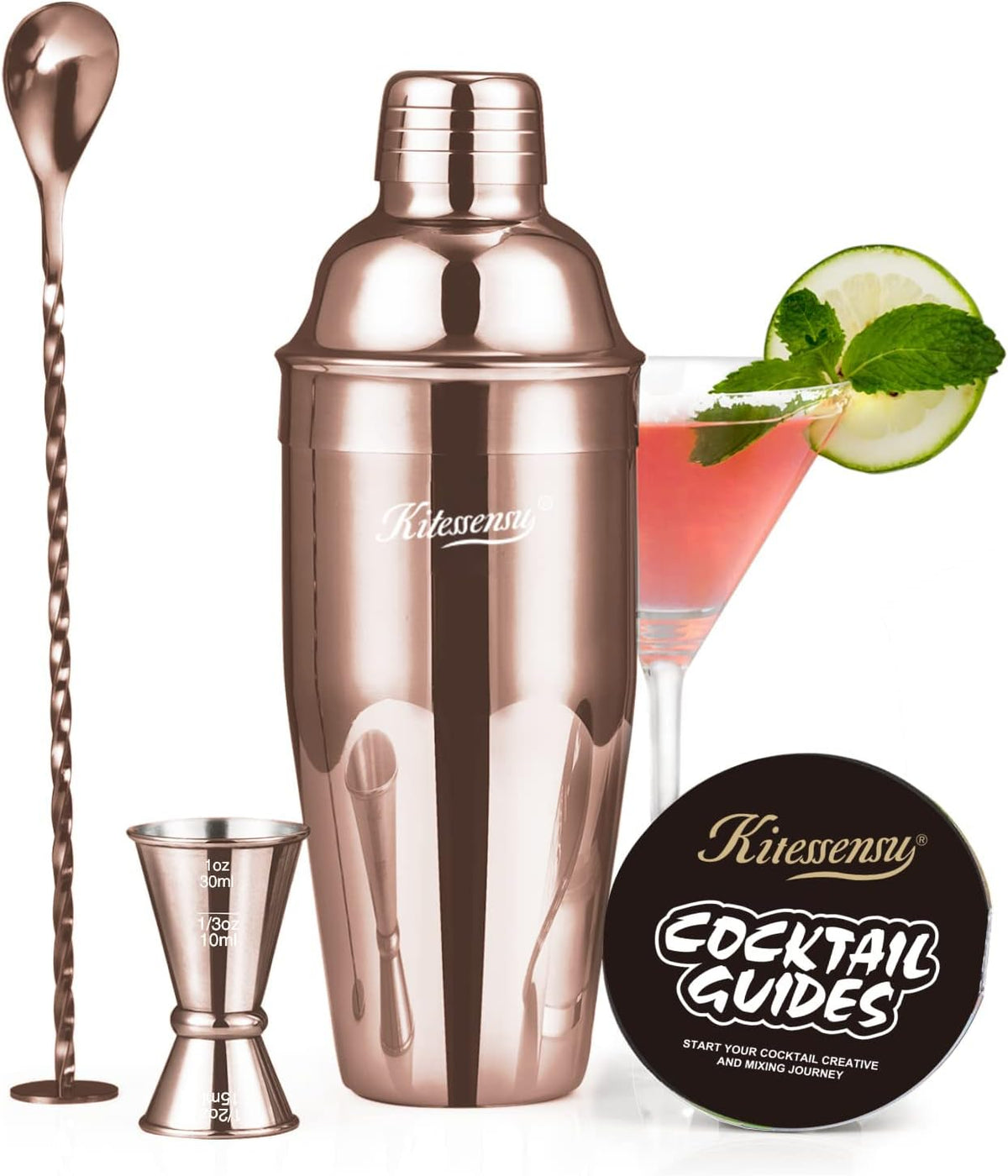 Cocktail Shaker Set, Stainless Steel Bartending Kit with 25 Ounce Cocktail Shaker with Built in Drink Strainer, Measuring Jigger, Mixing Spoon & Drink Recipe Guide, Rose Gold