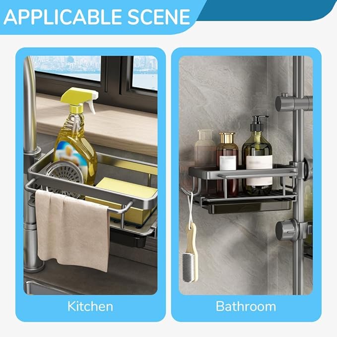 BusyLive Kitchen Sink Faucet Organizer,2024 New Sink Drain Rack Sponge Storage, Adjustable Detachable Sponge Holder for Kitchen Faucet, Sink Drain Holder for Soap, Shampoo, Shower Shelf (Left)