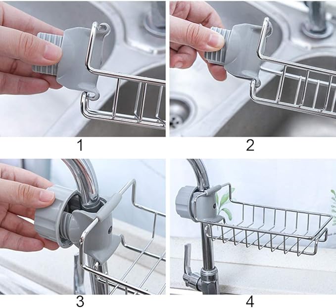 Sponge Holder for Kitchen Sink, Stainless Steel Sink Faucet Organizer Over Faucet Organizer, Detachable Sink Caddy Organizer for Kitchen Bathroom Hanging Cleaning Supplies