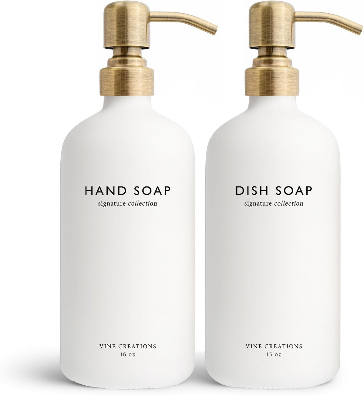 White Glass Soap Dispenser Set, Dish Soap and Hand Soap Dispenser Set with Stainless Steel Pump, 16 oz Glass Dispensers for Kitchen or Bathroom Decor (Matte White Bottle/Brushed Brass)