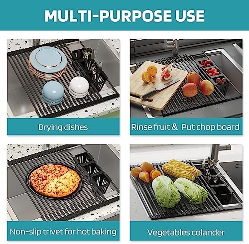 Roll Up Dish Drying Rack, Silicone Wrapped Over The Sink Multipurpose Foldable Dish Drainer Anti-Slip Dish Racks for Kitchen Counter, Sink Drying Rack Cover with Utensil Holder (Black, 17.3" x 17.6")