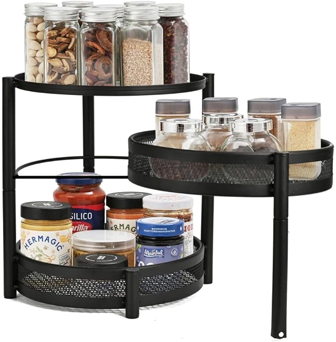 IBERG 3 Tier Spice Organizer with Rotating Middle Tier, Space Saving Kitchen Countertop Rack, Metal Pantry Organizer for Spices, Jars & Seasoning (Black)