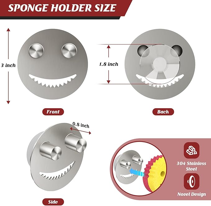 Kontoyo Sponge Holder for Kitchen Sink,Sink Caddy Organizer with Suction Cup Installation for Kitchen/Bathroom, Self Draining,Sponge Caddy for Holding Smiley Sponges-Silver