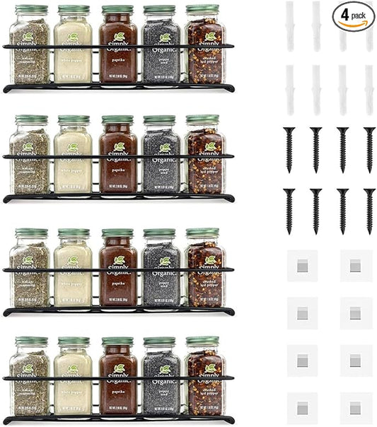 4 Pack Spice Rack Organizer, Wall Mount Spice Rack Organizer,Screw or Adhesive Hanging Spice Rack, Black