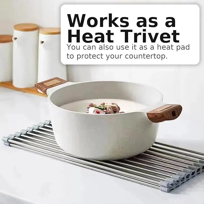 Over-The-Sink Roll Up Dish Drying Rack, 18.5" x 13.5" Foldable Stainless Steel Dish Drainer Mat, Sink Cover & Heat-Resistant Kitchen Organizer (Grey)
