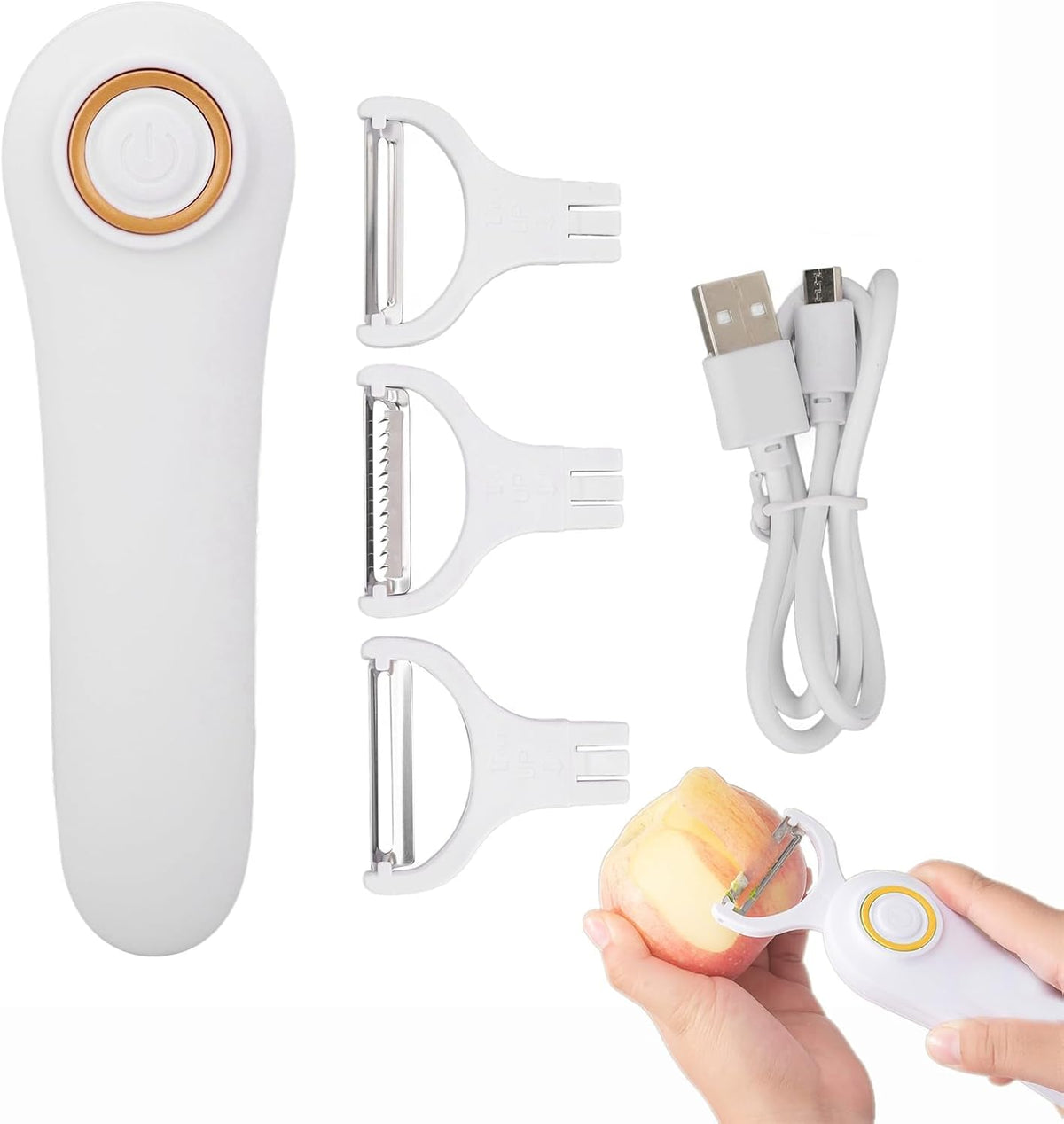 Electric Potato Peeler, Handheld Vegetable Peeler Set with 3 Interchangeable Blade Heads USB Rechargeable Veggie Fruit Peeler for Pears, Carrots, Cucumber