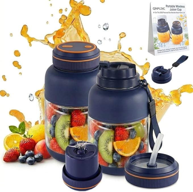 Portable Wireless Juicer Cup Machine 38-Blade Electric Mini Small Fresh Juice Personal Blender Cups for Smoothie Shake Travel Dual Lid Drinking Bottle Multifunctional Kitchen Appliance