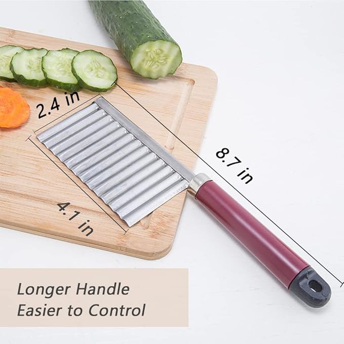 Crinkle Cutter Knife Stainless Steel Cutting Tool for Potato Carrot Chip Vegetable French Fry, Wavy Chopper Wave Slicer Steel Blade, Kids Lunch Accessories (Longer Red Handle)