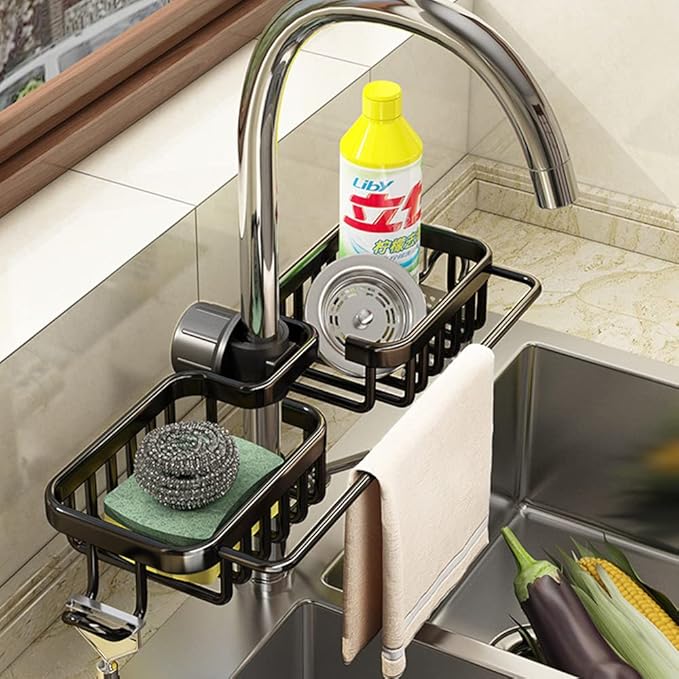 Kitchen Sink Caddy Organizer with Dish Towel Drying Rack & Hooks Over Faucet for Sink Organization (Double Towel Rack, Black)