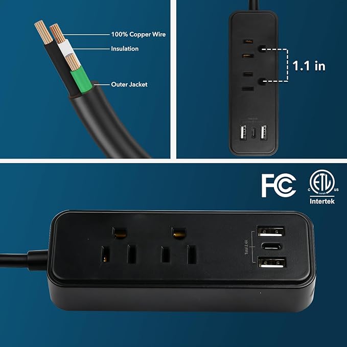 Clear Power 2-Outlet Power Strip with 3 USB Ports(1 USB-C), Flat Plug, 6 ft Power Cord, Compact USB Charging Hub, Desktop Charging Station with USB C, Black, DC3S-1202-DC
