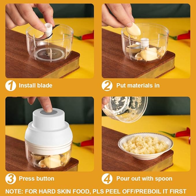 Electric Garlic Chopper Mini, Garlic Masher Crusher Mincer, Mini Food Processor Small with Garlic Peeler And Spoon, 100ML/3.3FL OZ, White