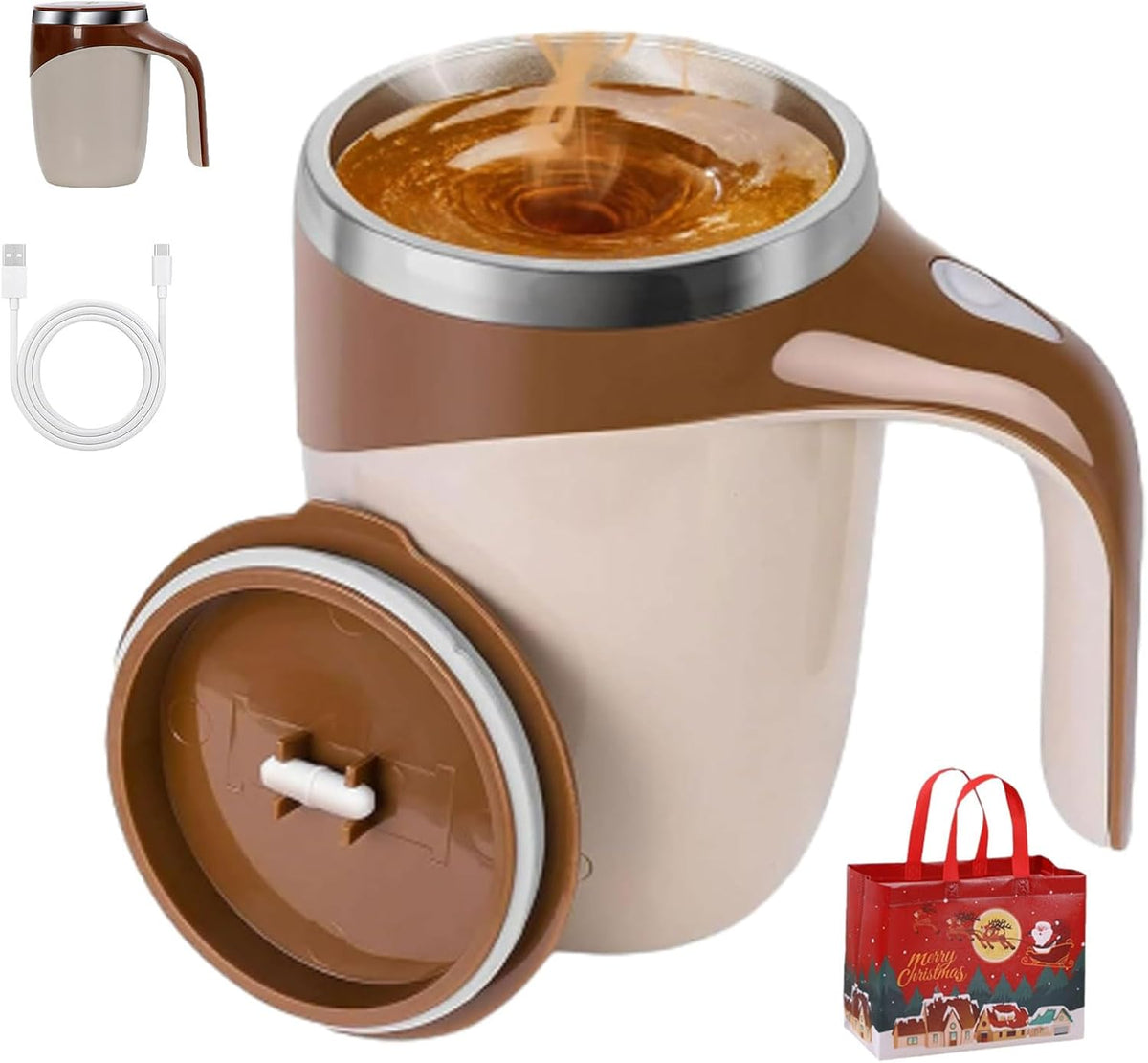 Automatic Stirring Electric Coffee Mug, 380ml Magnetic Rotating Reusable Travel Cup, Automatic Magnetic Stirring Coffee Mugs, Self Stirring Coffee Mug for Coffee/Milk/Tea/Hot Chocolat (Brown USB)