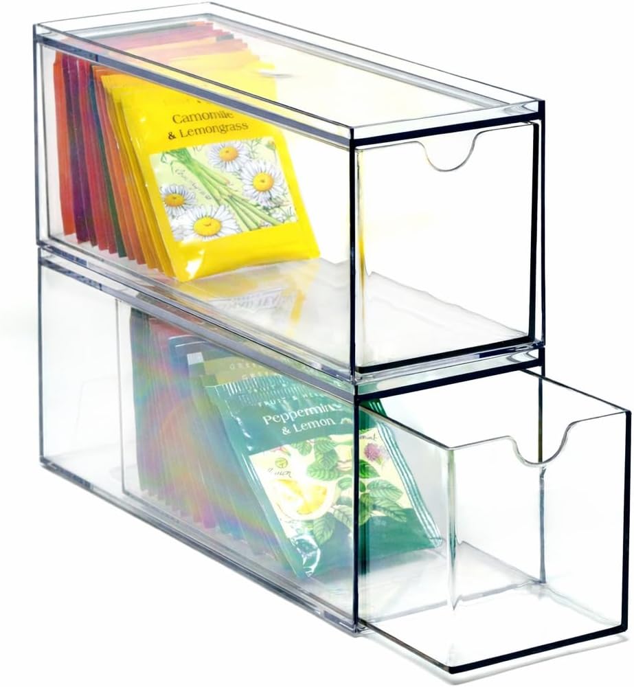 3 Drawers Plastic Kitchen Pantry Stackable Storage Organizer, Plastic Tea Packet Organizers, Stackable Tea Bag Holder, 9" x 3" x 3.5"