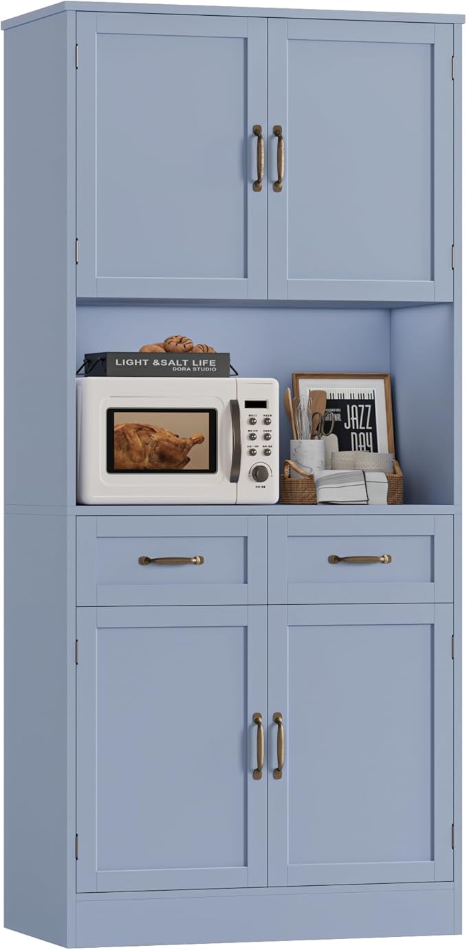 HOSTACK 71" Tall Kitchen Pantry Storage Cabinet, Modern Kitchen Hutch Bar Cabinet with Microwave Stand, Wood Buffet Sideboard with Hutch, Cupboard with Drawers, Shelves for Dining Room, Light Blue