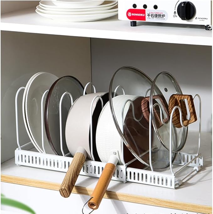 Expandable Pots and Pans Organizer Rack, Pot Lids Cutting Boards Kitchen Cabinet Organizer with 7 Adjustable Compartments, Cookware Bakeware Rack for Kitchen Cabinet Countertop Storage(White)