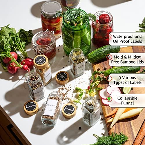 Glass Spice Jars with Label Set, Bamboo Lids & Funnel - Kitchen Airtight Storage Jars with Lids - Spices and Seasonings Sets Organizer, Spice Glass Jar with Lid Food Canister Bottle Sugar Shaker