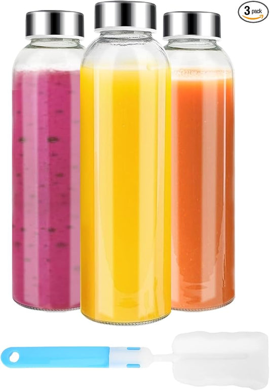 Luxfuel Clear Glass Bottles with Lids 18 oz, Reusable Glass Water Bottles with Stainless Steel Cap for Refrigerator, Juicing, 100% Leak Proof, BPA Free, Juice Bottle Drinking Jar Containers Set of 3