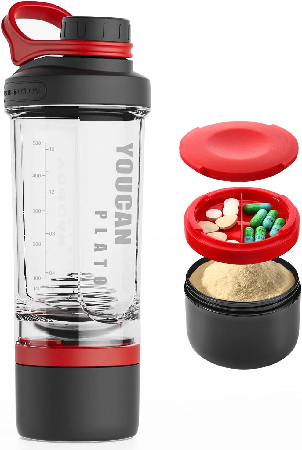 21oz Protein Shaker Bottle with Powder Storage Container-Shaker Cups for Protein Shakes-pre workout bottle-Mixer Cup-Gym Sport Water Bottle -Made with Tritan BPA Free,with Wire Whisk Balls,Red
