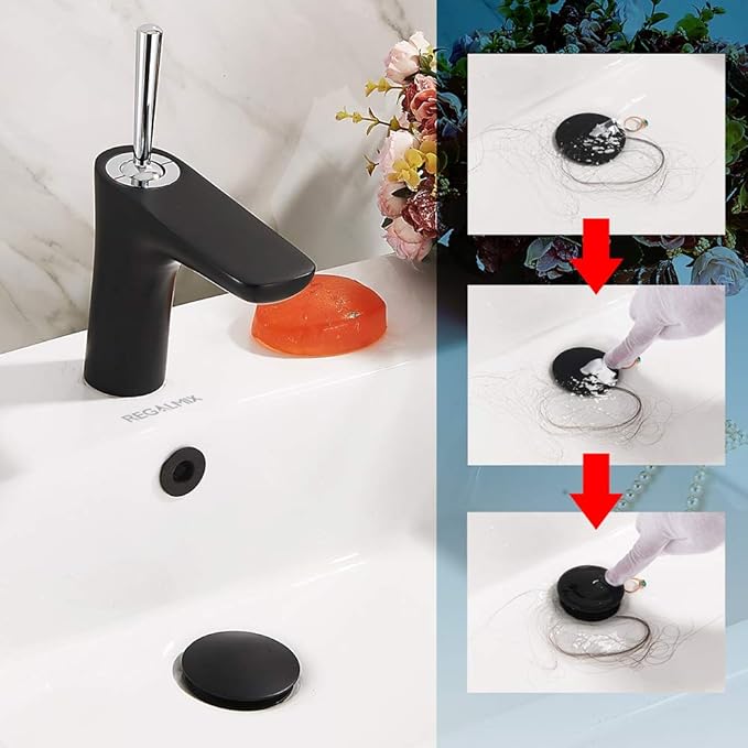 REGALMIX Vessel Sink Drain, Bathroom Faucet Vessel Sink Pop Up Drain Stopper, Built-in Anti-Clogging Strainer, with Overflow Matt Black, Fits Standard American Drain Hole(1-1/2" to 1-3/4") RWF083P