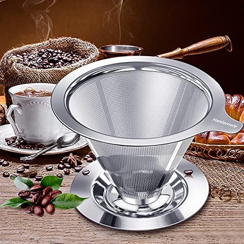Pour Over Coffee Dripper, Paperless Reusable Coffee Filter, Pour Over Coffee Maker for Single Cup Brew, Double Mesh Design of Stainless Steel Cone Filter for Perfect Extraction (1-4 Cup)