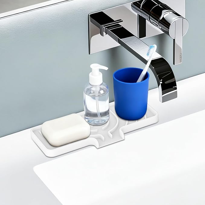 Silicone Sponge Holder for Kitchen Sink With Drain Spout, Self Draining, Kitchen Soap Tray, Bathroom Organizer, Sink Caddy (White, 10×4)