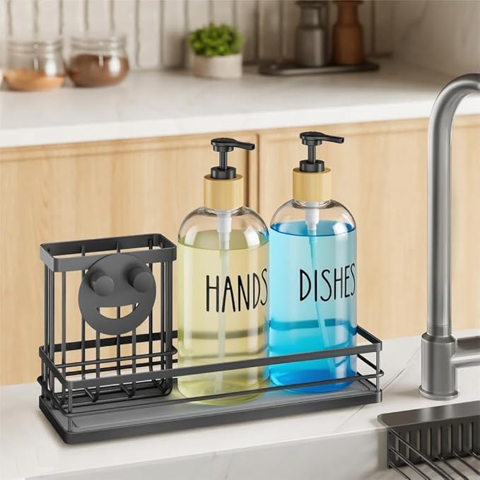 Kitchen Dish Soap Dispenser Set, 16OZ Glass Bottle, Black Tray+Clear Bottle