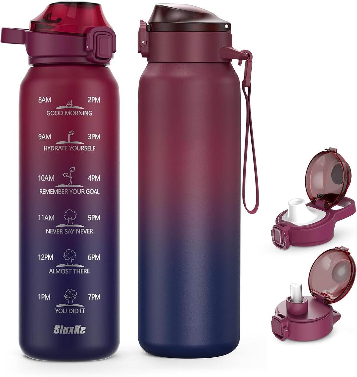 Insulated Water Bottle 32oz with 2Lids(Straw Lid & Spout Lid), 1L Double Walled Water Bottle with Time Marker, 1000ml Stainless Steel Metal Flask for Fitness, Gym and Outdoor RED BLACK