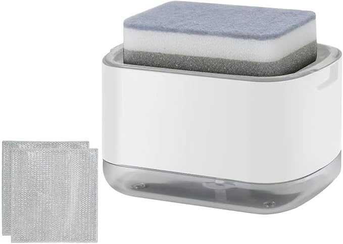 Kitchen Dish Soap Dispenser with Sponge Holder, 2-in-1 Countertop Soap Pump Dispenser, Soap Dispenser for Kitchen Sink with 2-Packs Wire Dishwashing Rag,White