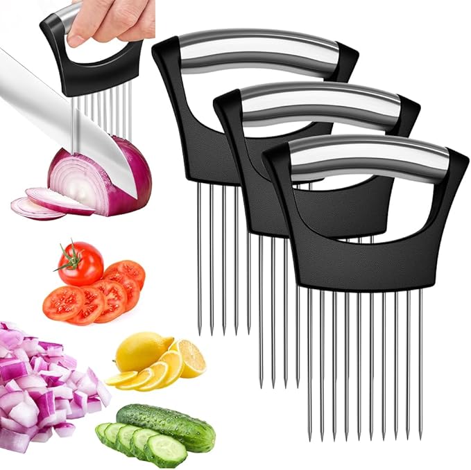 Onion Holder for Slicing, Stainless Steel Vegetable Slicer Cutter, Multifunctional Onion Slicing Tool for Tomato, Potato, Lemon, Meat, Easy Home Kitchen Chopper Assistant (3 Pack)