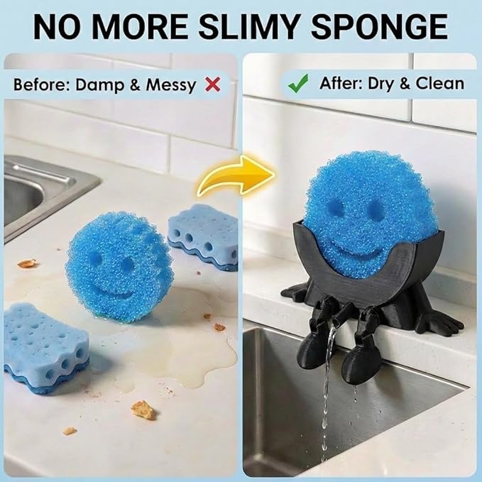 Creative Hanging Sponge Holder with Drainage/Traceless Glue, 3D Printing Countertop Funny Sponge Holders for Kitchen Sink, Keeps Your Sponge Dry & Smiling, for Scrub Daddy Holder (1, Black)