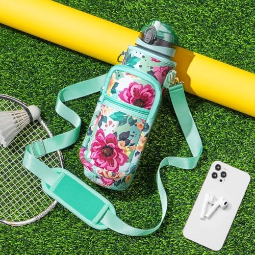 32 oz Water Bottle with Sleeve - BPA Free Leakproof Sport Large 1L Plastic Motivational Water Bottle with Straw Strap & Insulated Neoprene Holder Carrier Bag Great Xmas Gift for Women Men