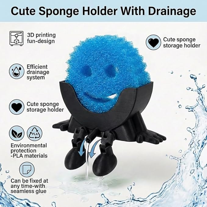 Creative Hanging Sponge Holder with Drainage/Traceless Glue, 3D Printing Countertop Funny Sponge Holders for Kitchen Sink, Keeps Your Sponge Dry & Smiling, for Scrub Daddy Holder (1, Black)