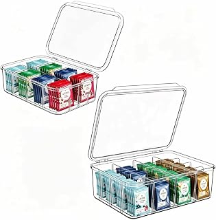 Tea Bag Organizer, 2 Pcs Clear Tea Organizers, Acrylic Storage Box with Lids, Stackable Partition Holder for Drawers, Countertops, Fridge, Kitchen (16 Compartments + 8 Compartments)