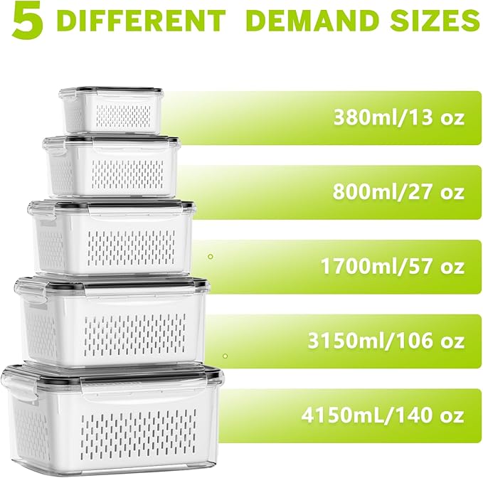 HOMETALL 5 Pack Fruit Storage Containers for Fridge, Plastic Fruit Containers for Fridge with Removable Colanders, Leakproof Fridge Organizers and Storage for Berry Vegetable Salad Lettuce Meat Food