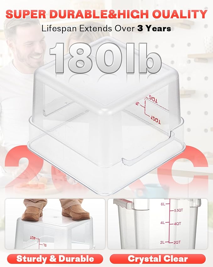 2QT NSF Food Storage Containers: 2 PCS [Food Grade][Hot&Cold Resistant] Commercial Clear Square Food Storage Containers with Scales Handles for Home Restaurant Kitchen Proof Dough(BPA FREE)