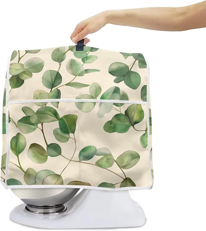 Leaf Print Mixer Dust Cover with Pockets & Handle | Compatible with 4.5-5 Quart Blenders & Mixers | Kitchen Appliance Protector & Decor