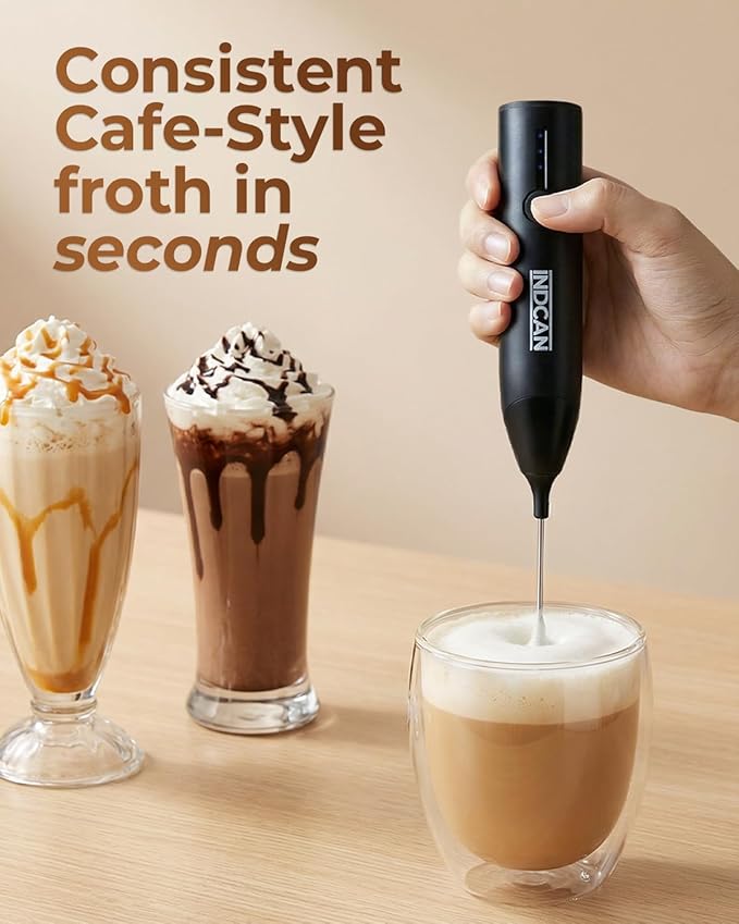 INDCAN Rechargeable Milk Frother Handheld, Electric Foam Maker with Dual Stainless Steel Whisk, Multiple Speeds, Perfect for Coffee, Lattes, Cappuccino, & Matcha (Pro, Black)