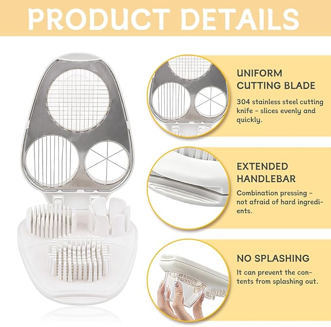 3 in 1 Boiled Egg Slicer, Manual Egg Slicer for Hard Boiled Eggs, 3 Slice Modes Chopper Cutter Stainless Steel Dicer, Kitchen Gadget for Butter Strawberry Tomato, Labor Saving
