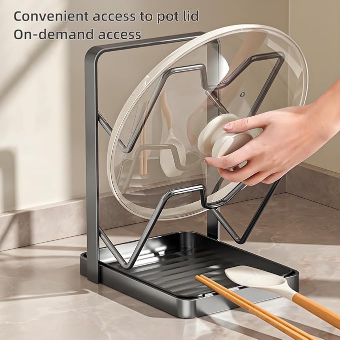 Lispin Kitchen Pot Lid Storage Rack, Pot Lid Holder With Tray, Lid Holder While Cooking, Lid And Spoon Rest, Multifunctional Kitchen Organizer Stand for Stove Top (Gray, Double-layer)