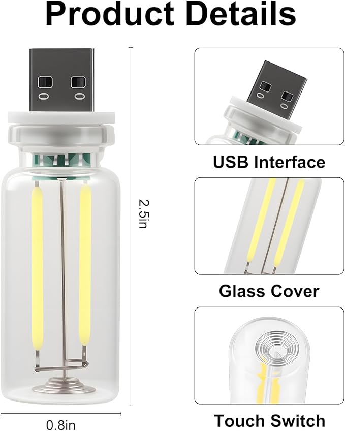 2 PCS Car USB Night Light Bulb, Touch Dimmable Car Interior Ambient Lights, Portable Mini USB Retro Glass Bottle Lamp Decorations for Vehicle, Bedroom, Hallway, Camping (Blue)