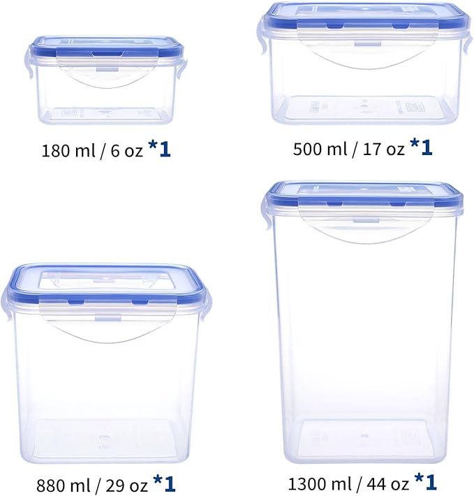 KIGI Food Storage Containers, Airtight Plastic Canisters & Jars, 4-Sided Locking Lid, BPA Free Clear Organizer for Coffee & Baking Supplies, 8-Piece, 0.75 Cup / 2.1 Cup / 3.6 Cup / 5.4 Cup