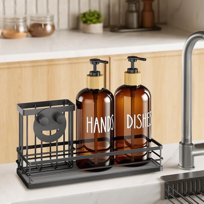 Moforoco Kitchen Dish Soap Dispenser Set, 16OZ Glass Bottle, Hand and Dish Soap Dispenser Set, Instant Dry Tray, Brush Holder with Smiley Face Sponge Holder (Black Tray+Amber Bottle)
