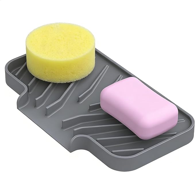 Sponge Holder for Kitchen Sink, Dish Sponge Holder & Soap Tray with Drain, Bathroom Sink Sponge Drying Rack & Perfect Organizer for Dispenser,Bottle,Cup on Sinks or Counter(8"x 4"Gray)